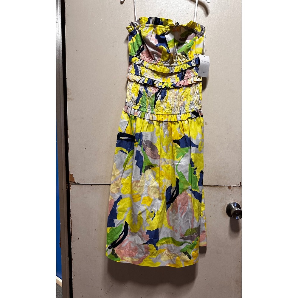 Free Assembly Strapless Smocked Midi Dress Tennis Ball Green Floral Cotton Small